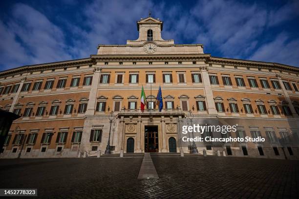 View of Palazzo Montecitorio, in Piazza del Parlamento and Piazza Montecitorio, seat of the Chamber of Deputies and of the Italian Parliament, in the...