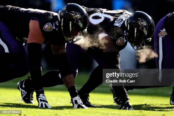 Defensive end Brent Urban and defensive tackle Broderick Washington of the Baltimore Ravens line up against the Atlanta Falcons at M&T Bank Stadium...