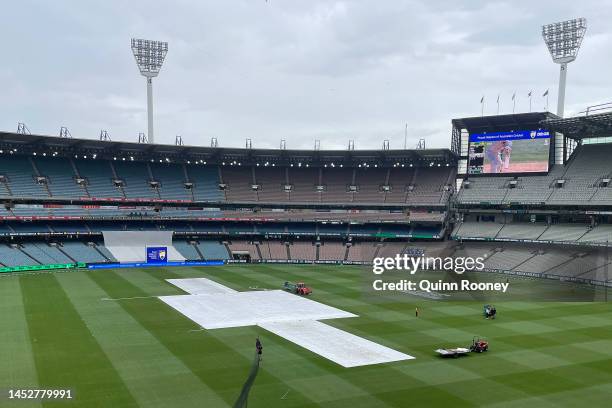 The covers are seen on the pitch as rain falls during day three of the Second Test match in the series between Australia and South Africa at...