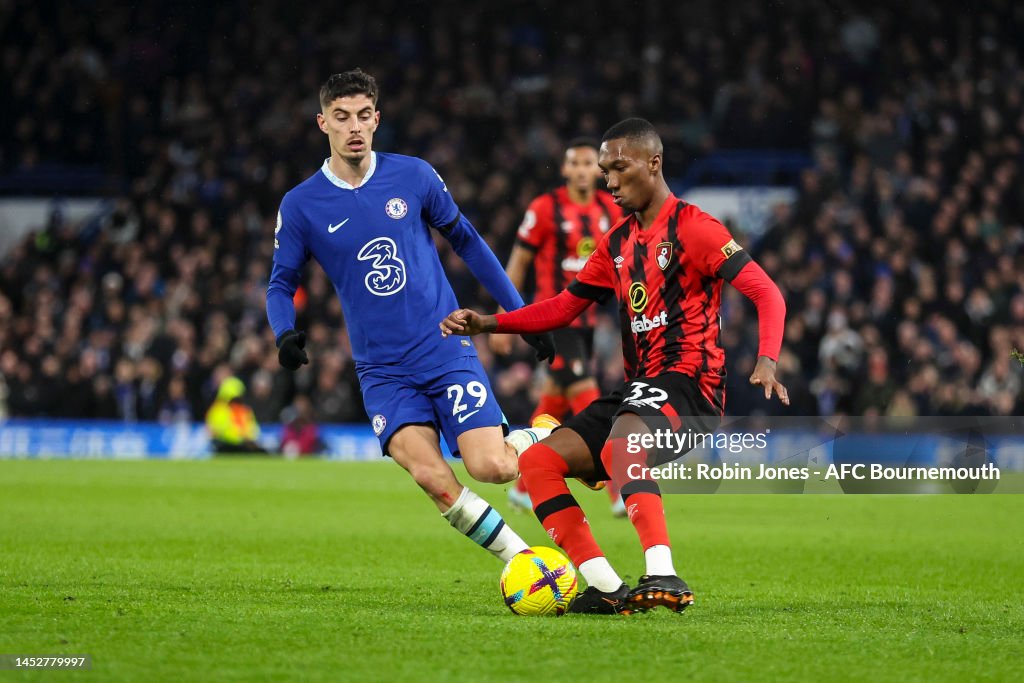 Chelsea 33 Kai Havertz of Chelsea closes down Jaidon Anthony of Bournemouth ...
