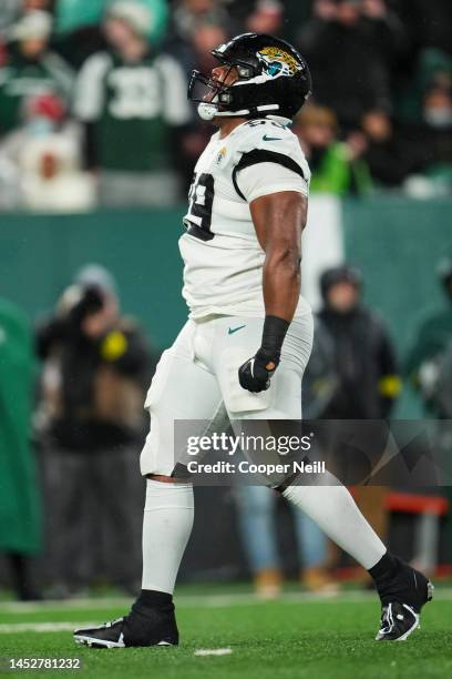 Jeremiah Ledbetter of the Jacksonville Jaguars celebrates against the New York Jets at MetLife Stadium on December 22, 2022 in East Rutherford, New...