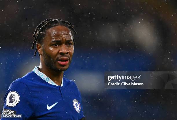 Raheem Sterling of Chelsea in action during the Premier League match between Chelsea FC and AFC Bournemouth at Stamford Bridge on December 27, 2022...