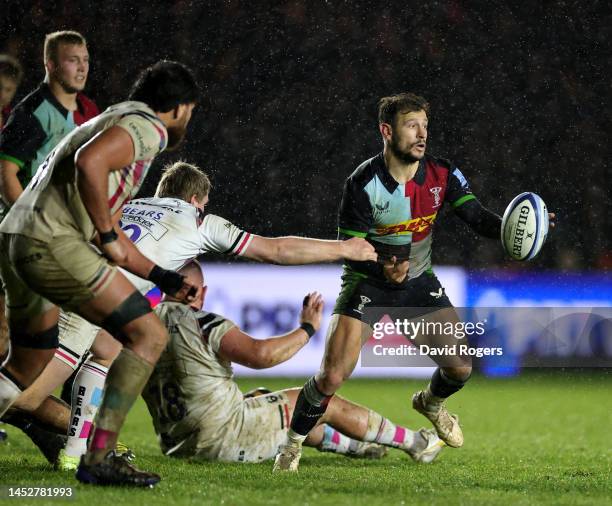 Danny Care of Harlequins passes the ball during the Gallagher Premiership Rugby match between Harlequins and Bristol Bears at Twickenham Stoop...