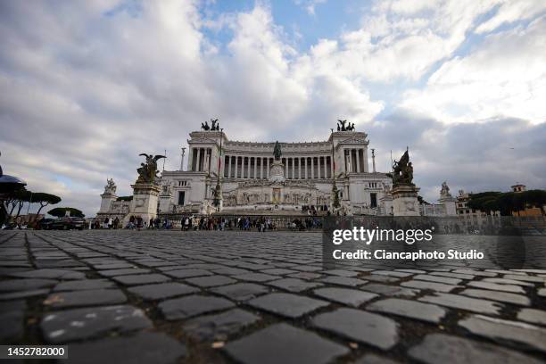 View of the Altare della Patria from Piazza Venezia in the historic center on December 27, 2022 in Rome, Italy.