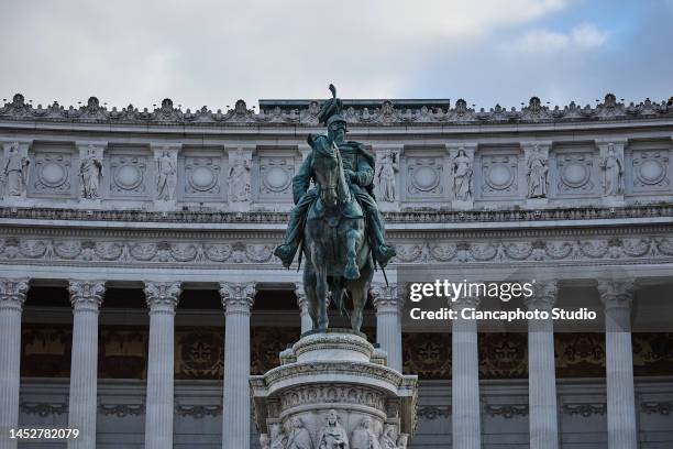 View of Statua Equestre di Vittorio Emanuele II at the Altare della Patria on December 27, 2022 in Rome, Italy.