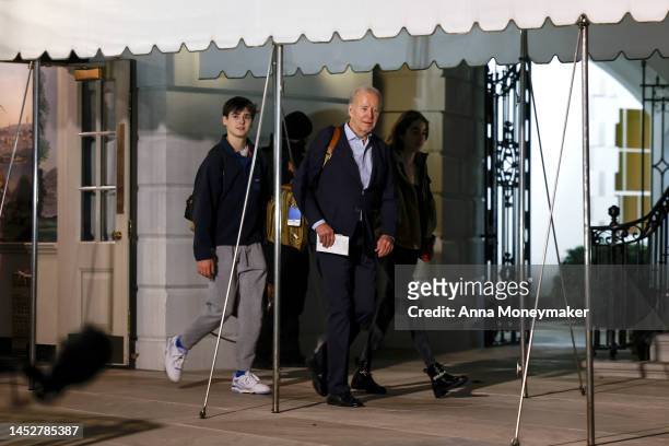 President Joe Biden and his grandchildren Natalie Biden and Robert Biden II leave the White House and walk to Marine One on the South Lawn on...