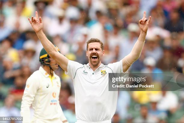 Anrich Nortje of South Africa celebrates clean bowling Travis Head of Australia during day three of the Second Test match in the series between...