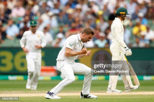 Anrich Nortje of South Africa celebrates clean bowling Travis Head of Australia during day three of the Second Test match in the series between...