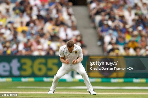 Anrich Nortje of South Africa celebrates the wicket of Travis Head of Australia during day three of the Second Test match in the series between...