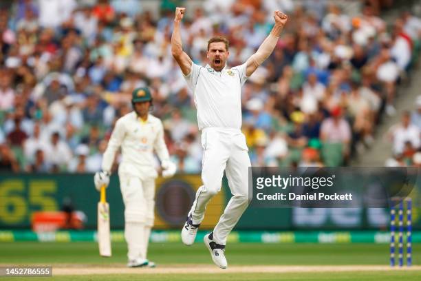 Anrich Nortje of South Africa celebrates dismissing David Warner of Australia during day three of the Second Test match in the series between...
