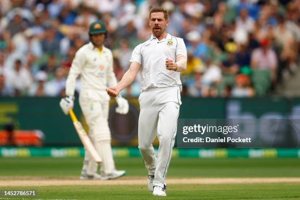 Anrich Nortje of South Africa celebrates dismissing David Warner of Australia during day three of the Second Test match in the series between...