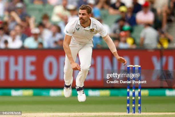 Anrich Nortje of South Africa bowls during day three of the Second Test match in the series between Australia and South Africa at Melbourne Cricket...