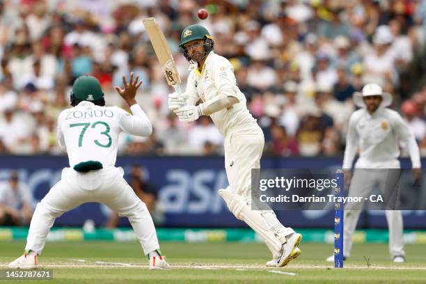 Nathan Lyon of Australia bats during day three of the Second Test match in the series between Australia and South Africa at Melbourne Cricket Ground...