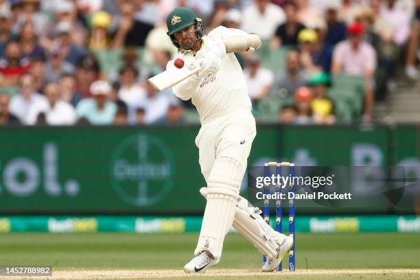 Nathan Lyon of Australia bats during day three of the Second Test match in the series between Australia and South Africa at Melbourne Cricket Ground...