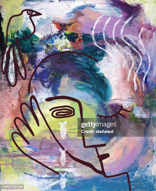 stockillustraties, clipart, cartoons en iconen met abstract painting of person with thoughts, emotions, sadness - treuren