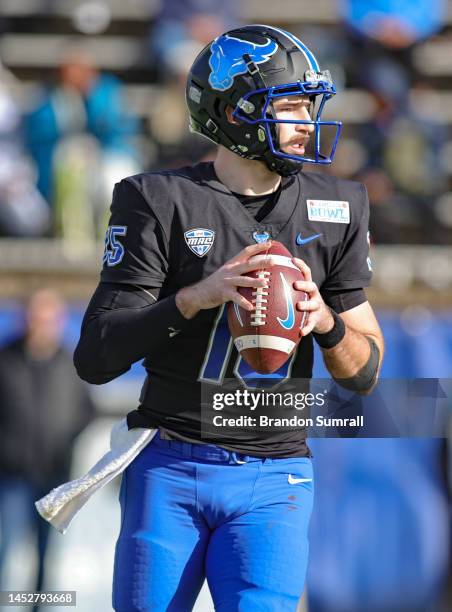 Cole Snyder of the Buffalo Bulls looks to throw during the second half of the Tax Act Camelia Bowl against the Georgia Southern Eagles at Cramton...