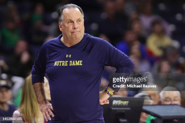 Head coach Mike Brey of the Notre Dame Fighting Irish reacts against the Jacksonville Dolphins during the second half at Purcell Pavilion at the...