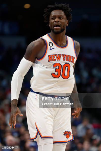 Julius Randle of the New York Knicks reacts after scoring a basket against the Dallas Mavericks in the first half at American Airlines Center on...