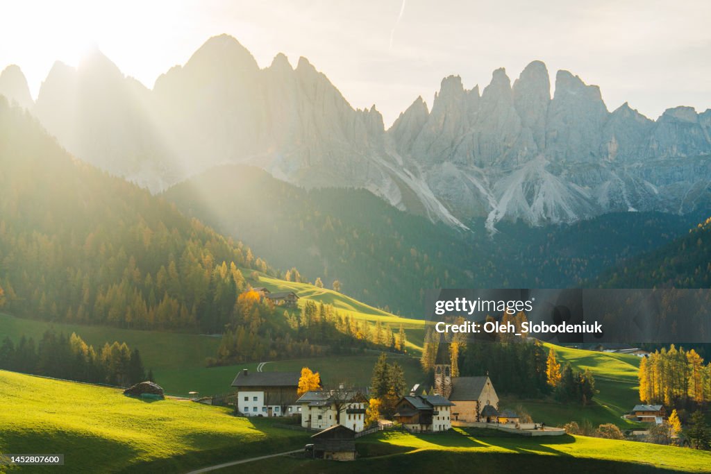View of Val di Funes countryside in Dolomites in autumn