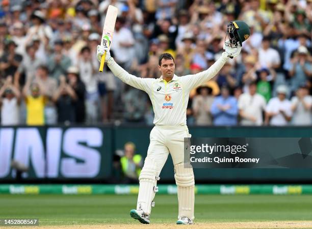 Alex Carey of Australia celebrates his century during day three of the Second Test match in the series between Australia and South Africa at...