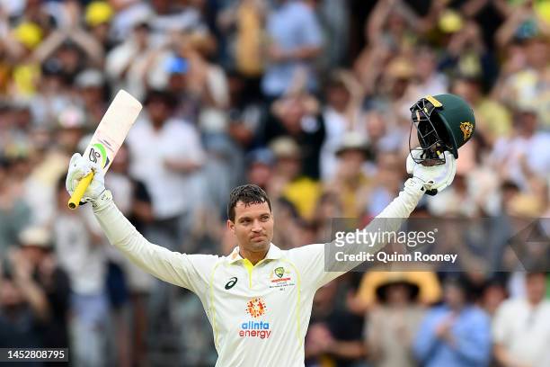 Alex Carey of Australia celebrates his century during day three of the Second Test match in the series between Australia and South Africa at...