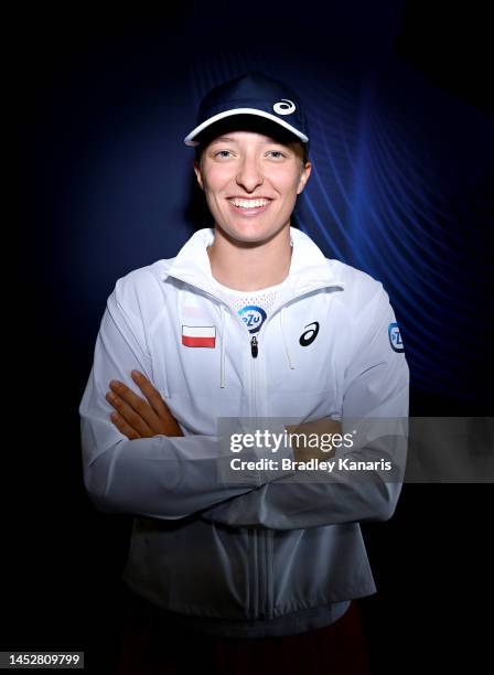 Lga Swiatek of Poland poses for a photo during a media opportunity ahead of the 2023 United Cup at Pat Rafter Arena on December 28, 2022 in Brisbane,...