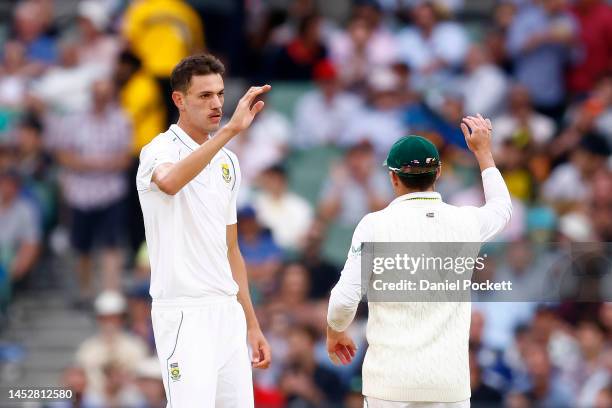 Marco Jansen of South Africa celebrates dismissing Alex Carey of Australia during day three of the Second Test match in the series between Australia...