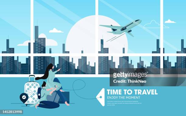 running tourists delay to flying departure at airport interior women with luggage - commercial airplane stock illustrations stock illustrations