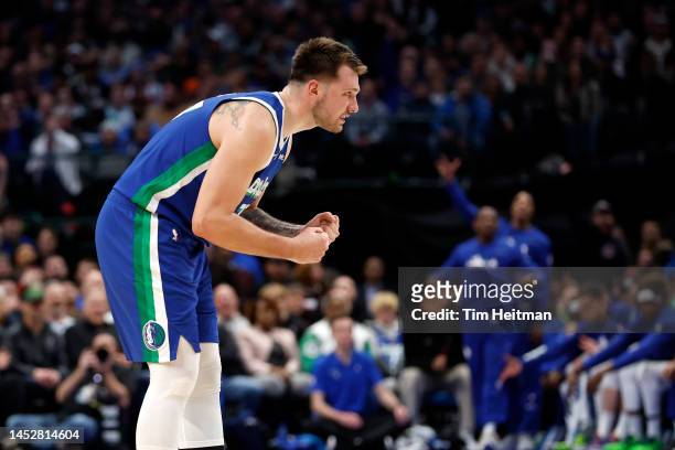 Luka Doncic of the Dallas Mavericks reacts after a made basket in the second half against the New York Knicks at American Airlines Center on December...