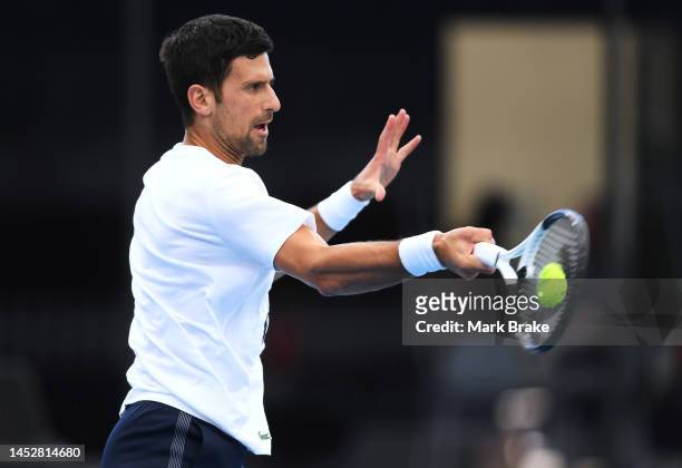 Novak Djokovic hits a forehand in his practise session during a media opportunity ahead of the 2023 Adelaide International at Memorial Drive on...