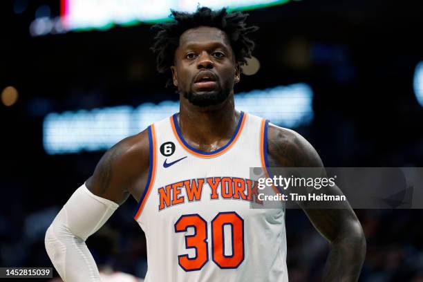 Julius Randle of the New York Knicks reacts after a play in the second half against the Dallas Mavericks at American Airlines Center on December 27,...