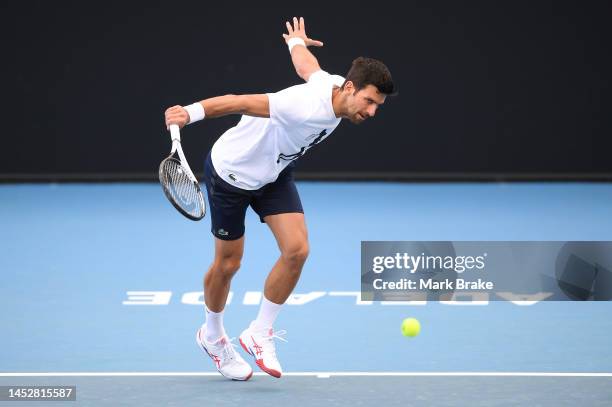 Novak Djokovic plays a back hand on centre court during a media opportunity ahead of the 2023 Adelaide International at Memorial Drive on December...