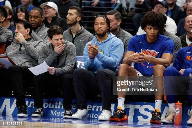 Jalen Brunson of the New York Knicks on the bench during the second half against the Dallas Mavericks at American Airlines Center on December 27,...