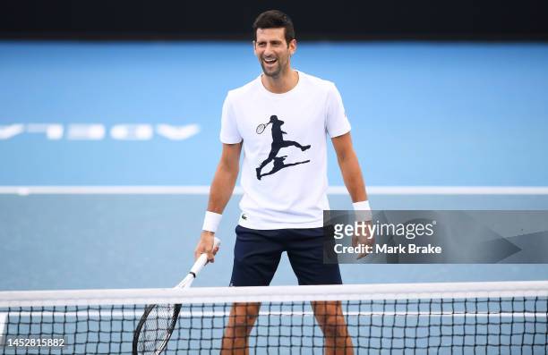 Novak Djokovic playing a relaxed warm-up with his training team during a media opportunity ahead of the 2023 Adelaide International at Memorial Drive...