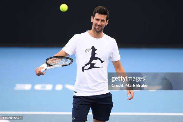 Novak Djokovic playing a relaxed warm-up with his training team during a media opportunity ahead of the 2023 Adelaide International at Memorial Drive...