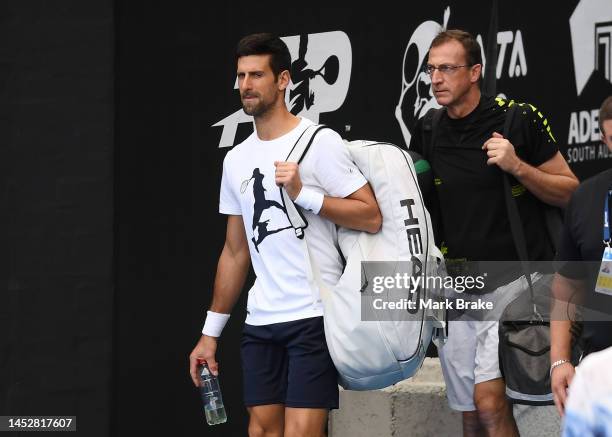 Novak Djokovic arrives on centre court during a media opportunity ahead of the 2023 Adelaide International at Memorial Drive on December 28, 2022 in...