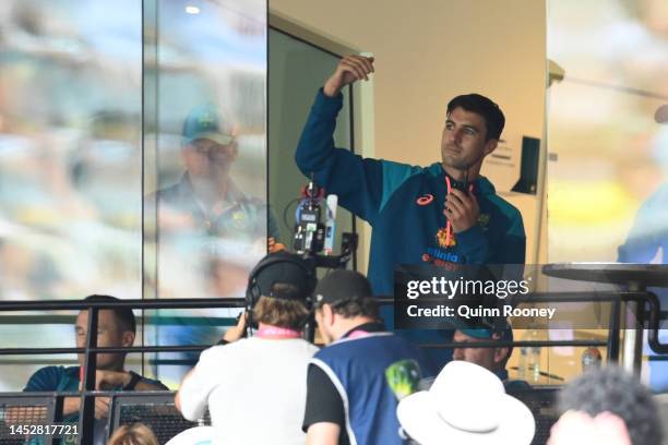 Pat Cummins of Australia calls the players in after declaring during day three of the Second Test match in the series between Australia and South...