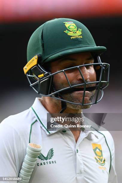 Dean Elgar of South Africa leaves the field after being dismissed during day three of the Second Test match in the series between Australia and South...