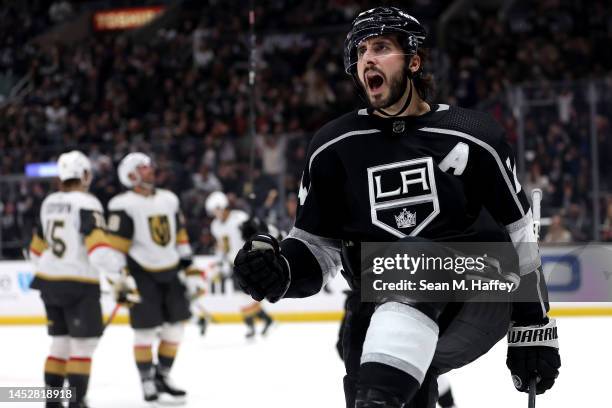 Phillip Danault of the Los Angeles Kings reacts after scoring a goal during the second period of a game against the Vegas Golden Knights at...