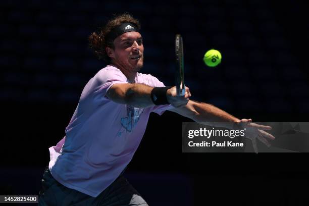 Stefanos Tsitsipas of Greece practices during a 2023 United Cup media opportunity at RAC Arena on December 28, 2022 in Perth, Australia.