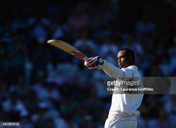 Marlon Samuels of West Indies celebrates his century during the Second Investec Test Match between England and West Indies at Trent Bridge on May 25,...