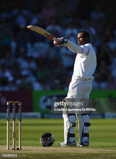 Marlon Samuels of West Indies celebrates his century during the Second Investec Test Match between England and West Indies at Trent Bridge on May 25,...