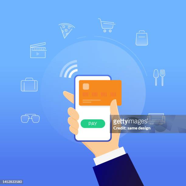 hand holding the phone and connecting a credit card to a shopping app. making a purchase with a wifi connection with a bank account flat vector illustration. online shopping, digital banking concept - 在家購物 幅插畫檔、美工圖案、卡通及圖標