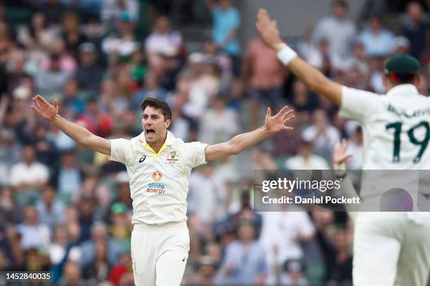 Pat Cummins of Australia appeals the wicket of Theunis de Bruyn of South Africa during day three of the Second Test match in the series between...