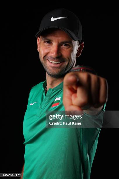 Grigor Dimitrov of Bulgaria poses during a 2023 United Cup media opportunity at RAC Arena on December 28, 2022 in Perth, Australia.