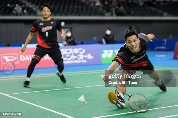 Akira Koga and Taichi Saito compete in the Men's Doubles Quarter Finals match against Kyohei Yamashita and Hiroki Midorikawa on day three of the 76th...