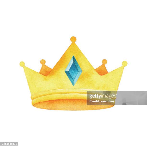 aquarell goldene krone mit blauem jem - medieval queen crown stock-grafiken, -clipart, -cartoons und -symbole