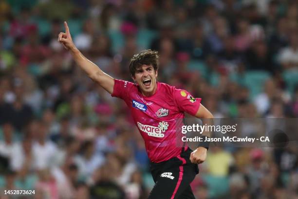 Sean Abbott of the Sixers celebrates after taking the wicket of Akeal Hosein of the Renegades during the Men's Big Bash League match between the...