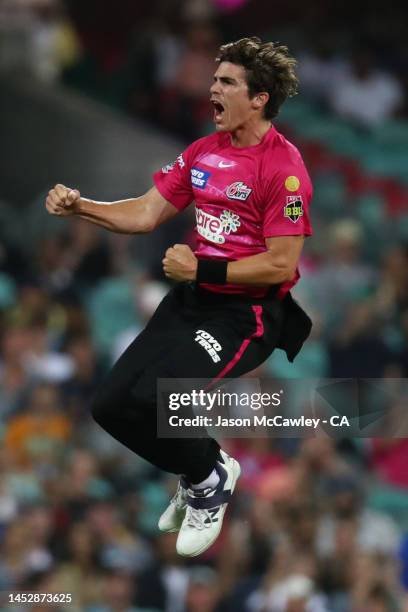 Sean Abbott of the Sixers celebrates after taking the wicket of Akeal Hosein of the Renegades during the Men's Big Bash League match between the...