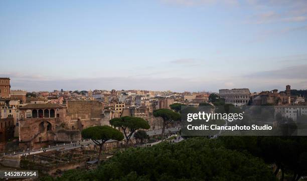 View of the historic center of Rome from the terrace at Altare della Patria near Colosseo and Fori Imperiali on December 27, 2022 in Rome, Italy.